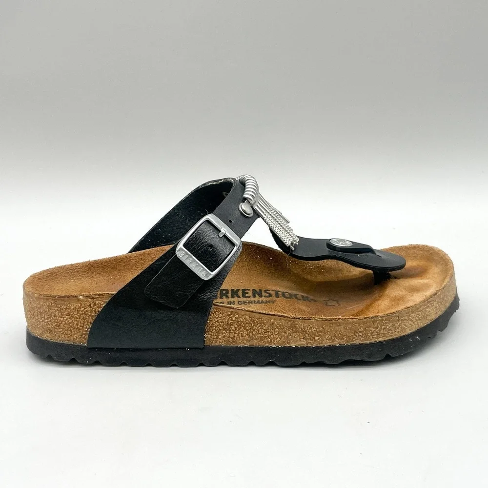 Birkenstock Womens 35 4 Gizeh Fringe Sandals Black Leather Silver Hardware Boho